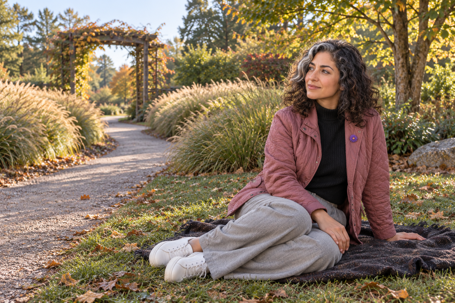 Visual imagining of Aster Averi seated beside a curving early-autumn garden path leading to an open wooden arch