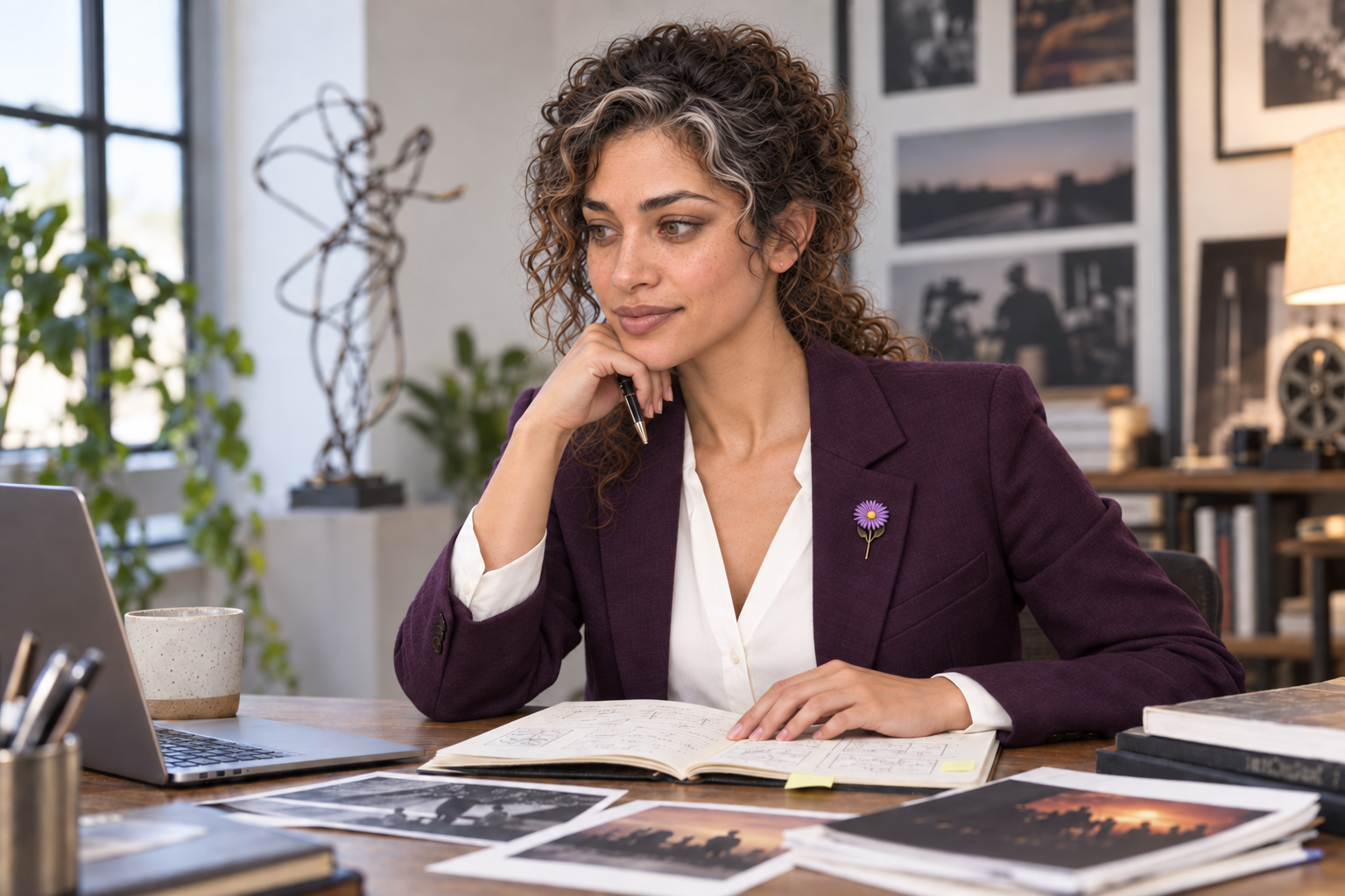 Aster Averi in a plum jacket seated at a desk and looking toward a laptop