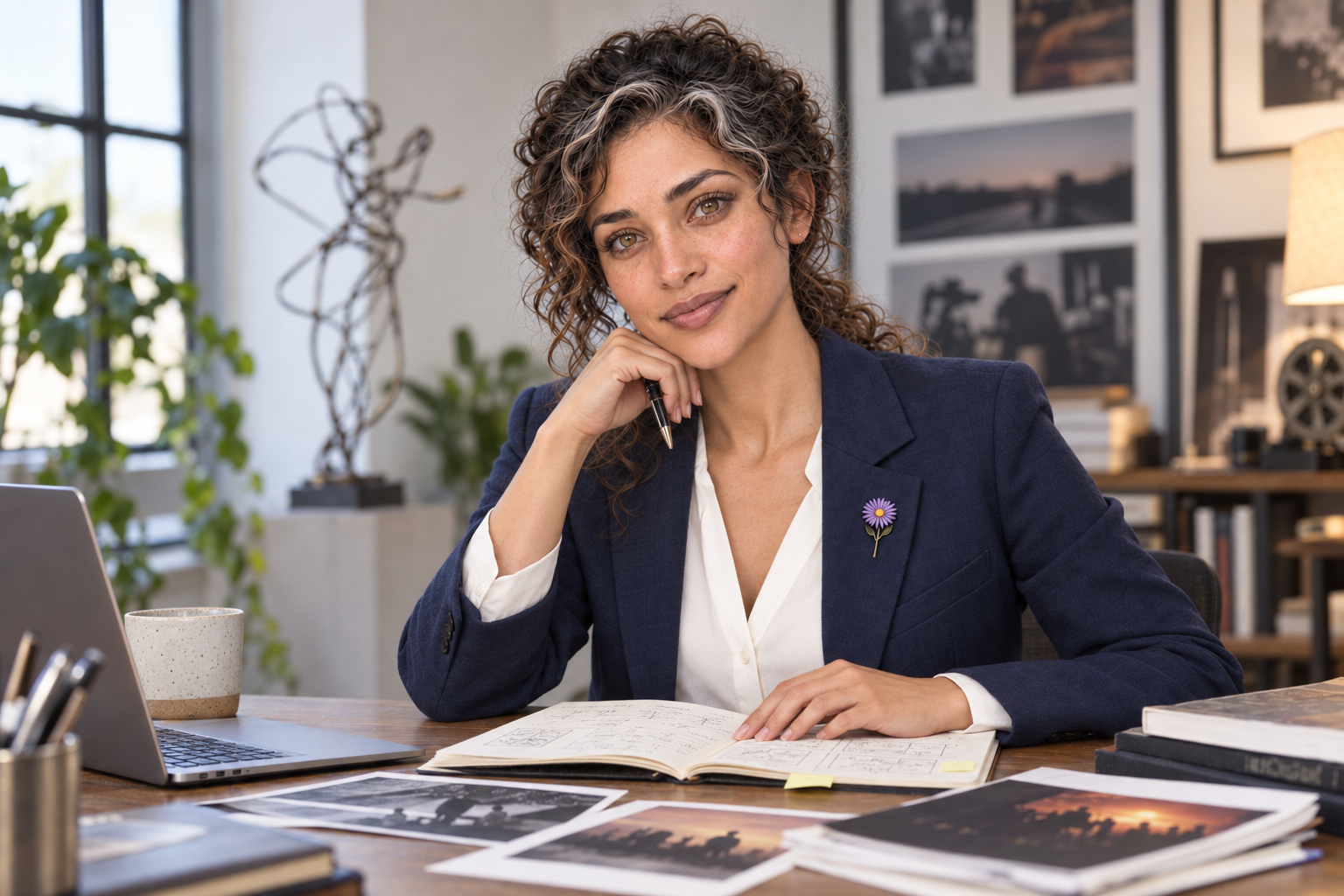 Aster Averi seated at a desk while working with notes and creative materials