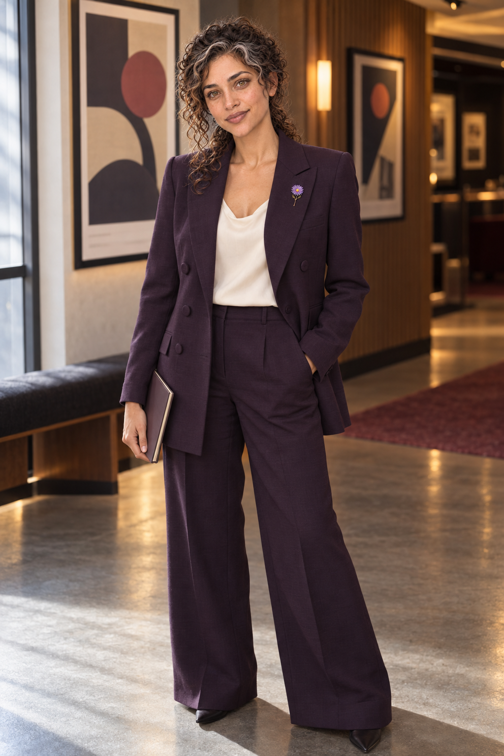 Aster Averi in an aubergine suit for a professional arts and culture portrait