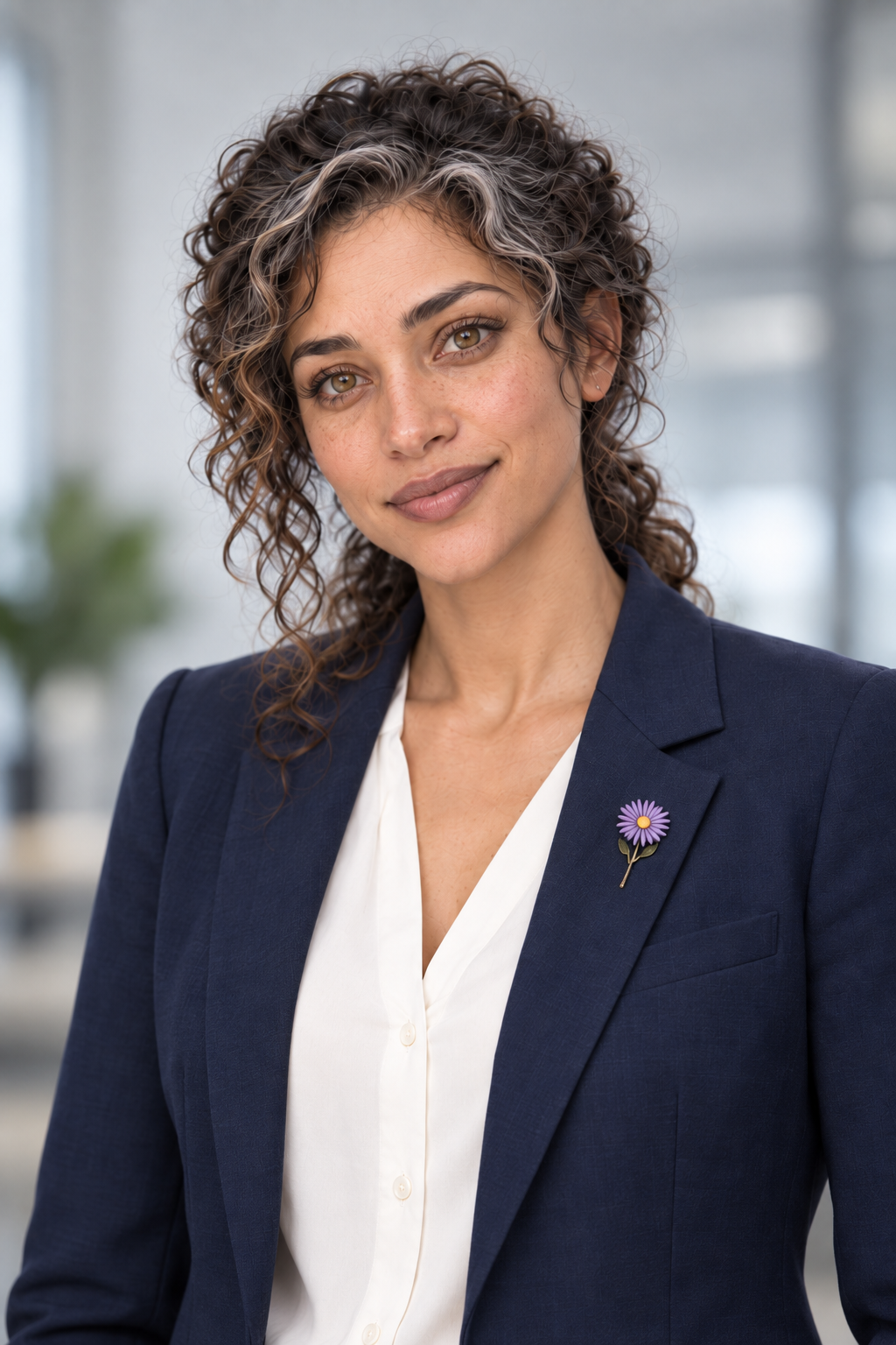 Professional portrait of Aster Averi wearing a dark jacket and purple aster pin