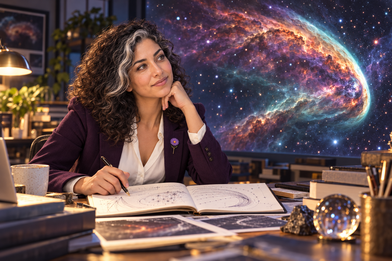 An imaginative editorial scene of Aster Averi studying a luminous nebular arc in a quiet research studio