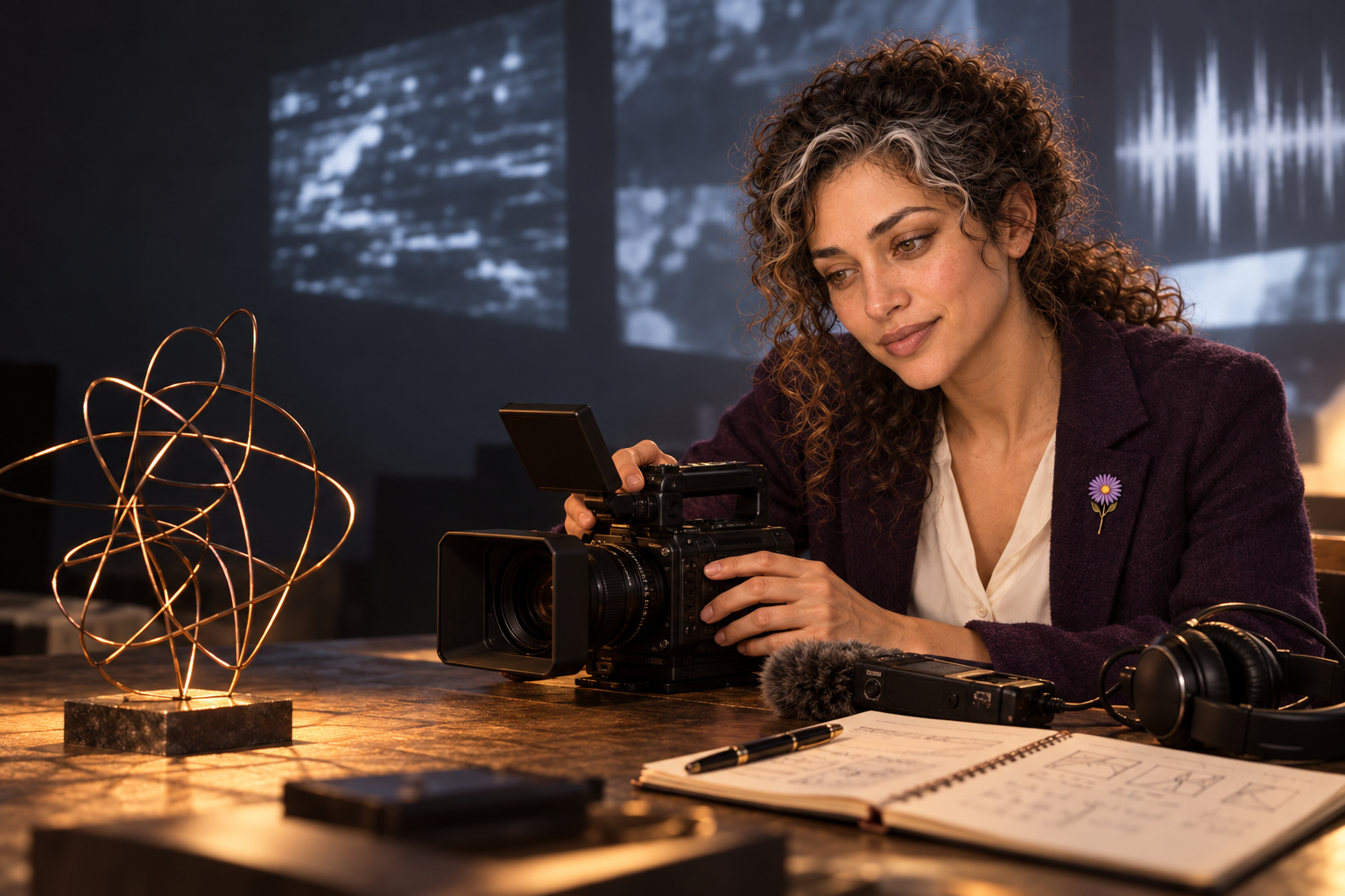 Imagined scene of Aster Averi adjusting a portable camera beside an abstract copper-wire sculpture in a quiet screening-room workspace