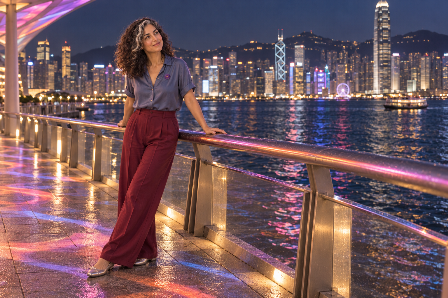 An imaginative editorial scene of Aster Averi beside a waterfront railing as abstract media light reflects across the promenade