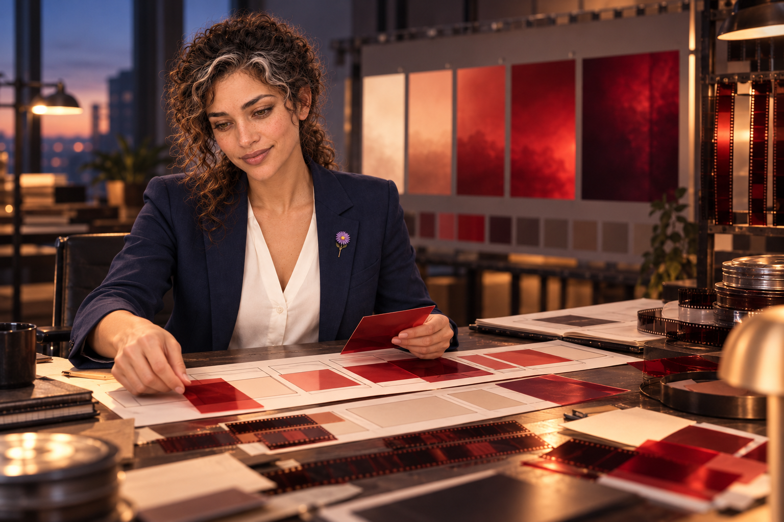 Imaginative scene of Aster Averi arranging translucent red color cards across abstract storyboard frames