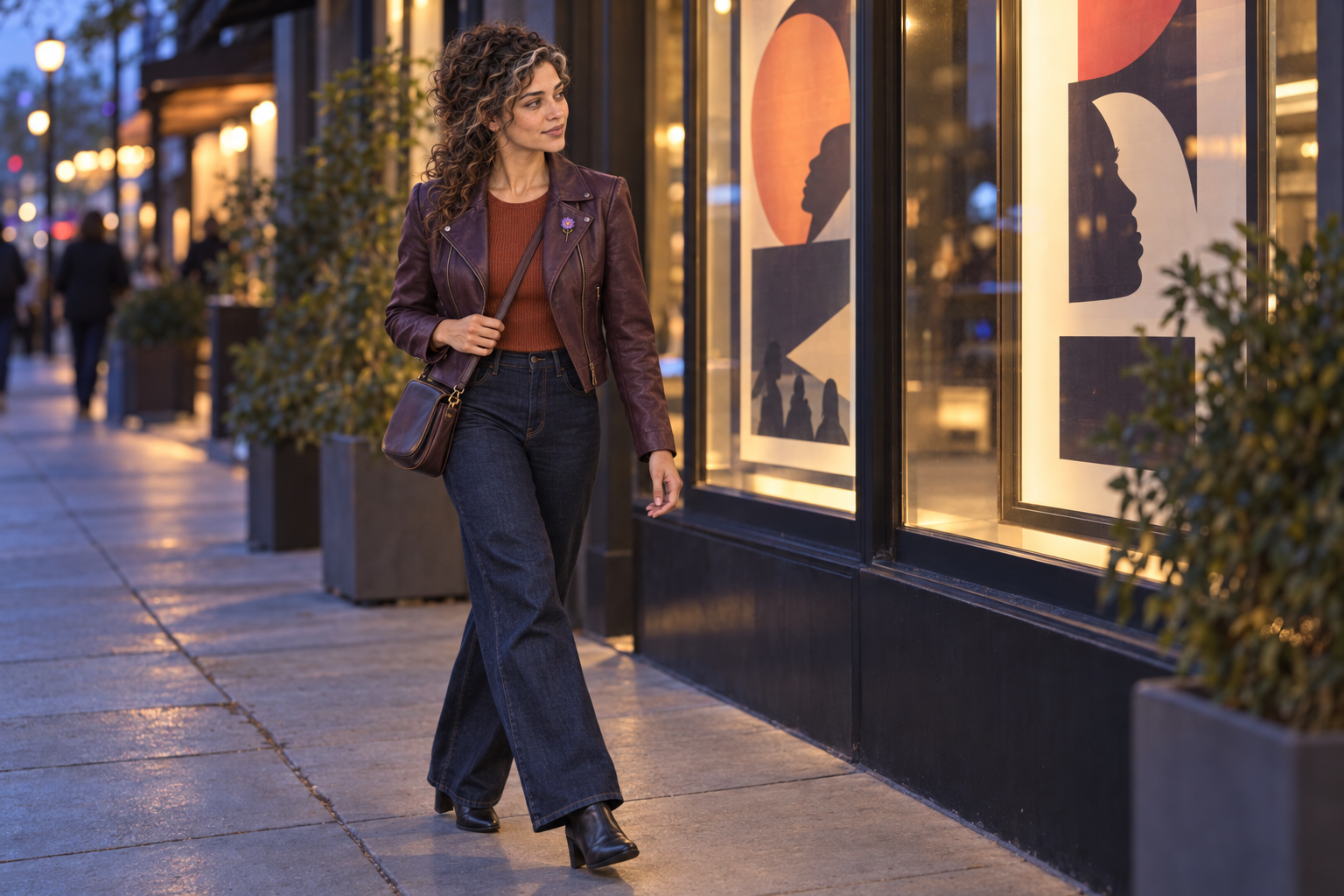 Aster Averi in creative-casual clothing walking beside a cinema-style display