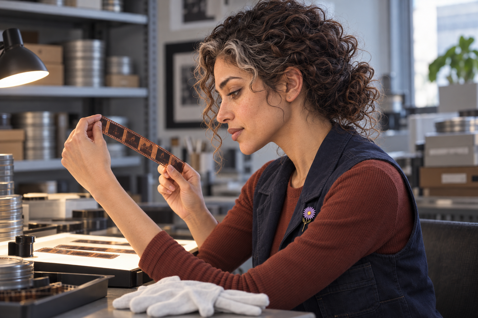 Aster Averi in profile examining a strip of film