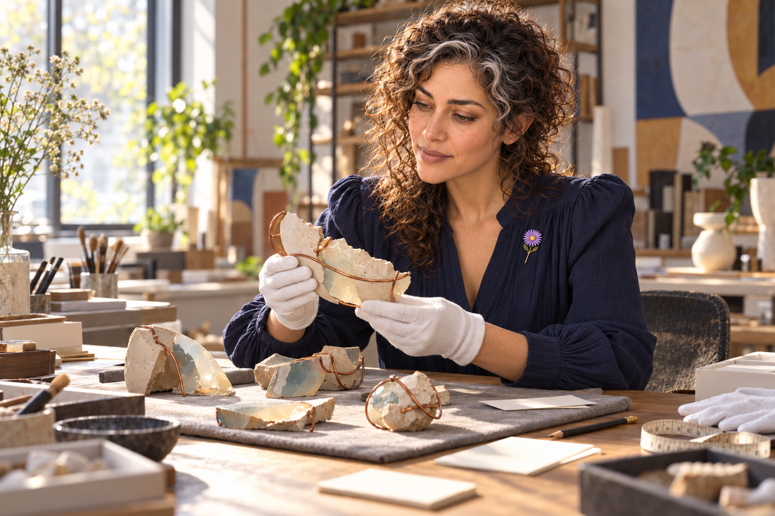Visual imagining of Aster Averi documenting original abstract clay, resin, and wire fragments at a studio worktable