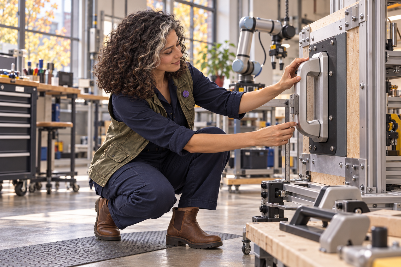 An imaginative editorial scene of Aster Averi observing a robotic hand test an accessible hatch handle