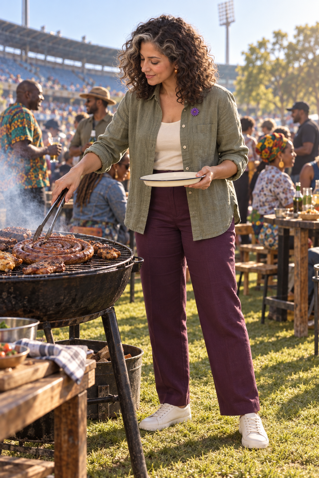 A visual imagining of Aster Averi tending a charcoal braai at a sunny community gathering in Pretoria