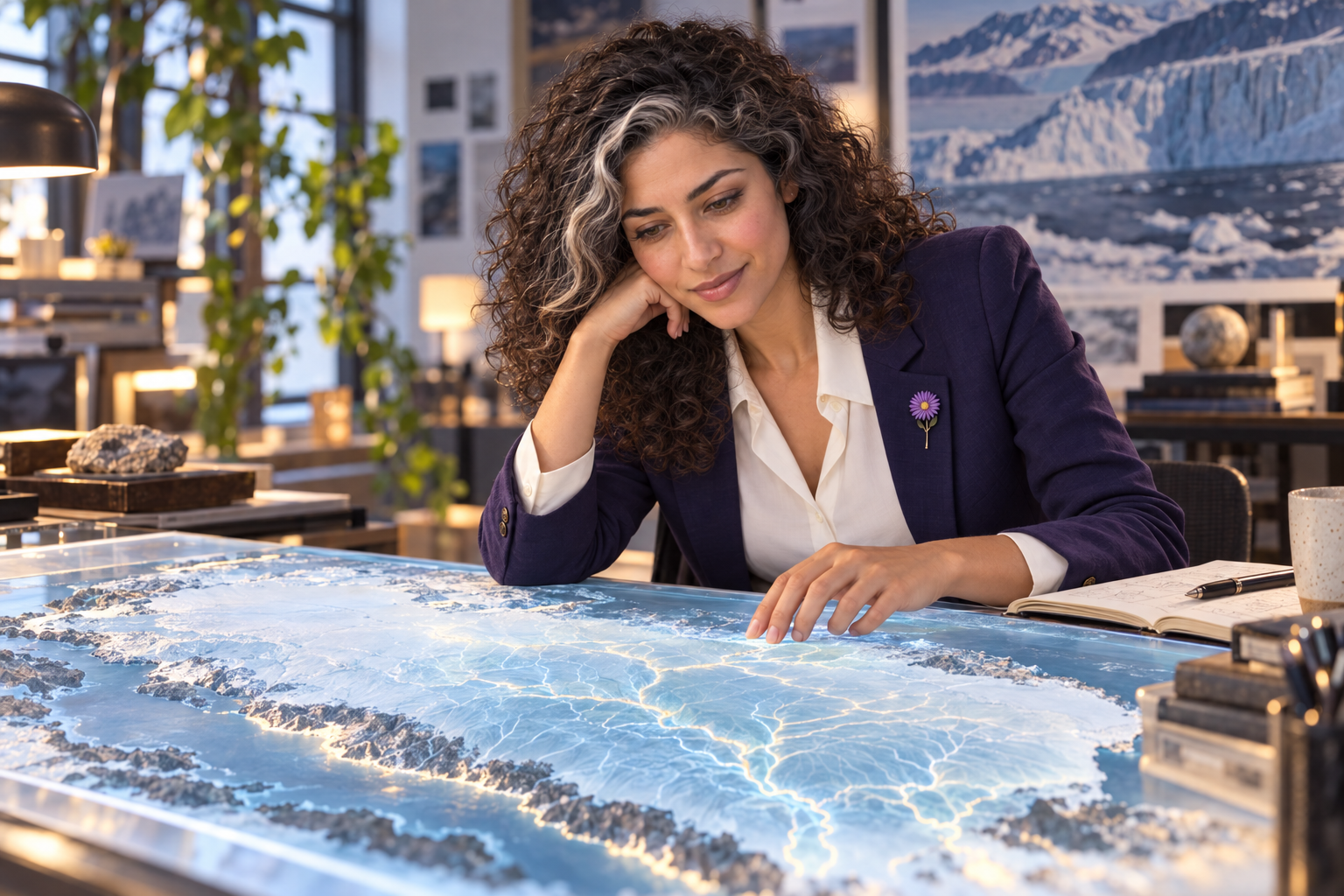 An imaginative editorial scene of Aster Averi studying a translucent map of hidden valleys beneath ice