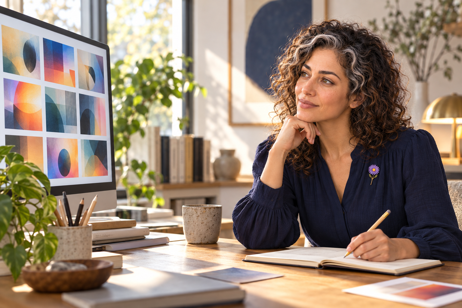 Visual imagining of Aster Averi reviewing abstract generated-image thumbnails and writing a creation record at a studio desk