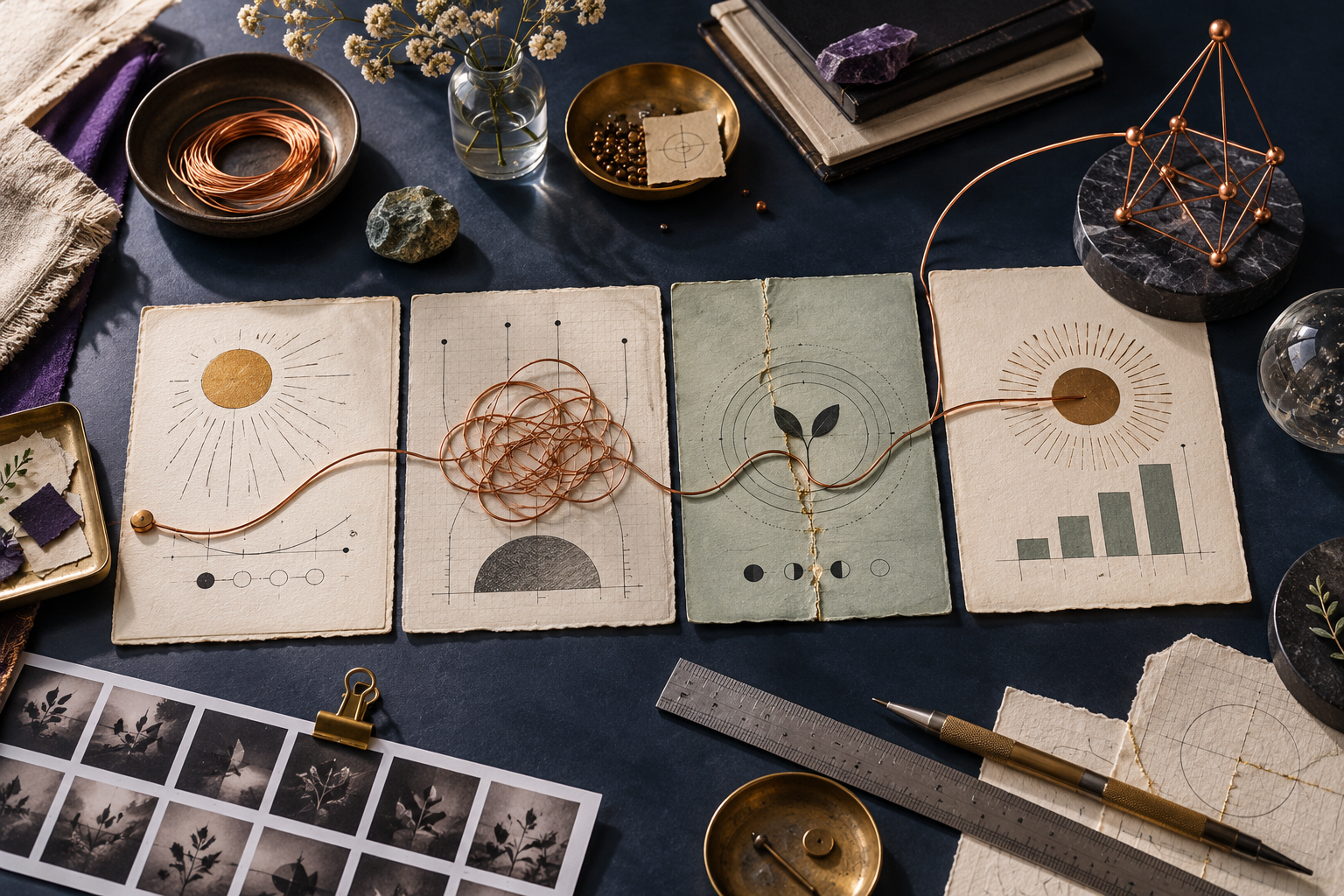 Four archival cards linked by copper wire beside a small geometric sculpture