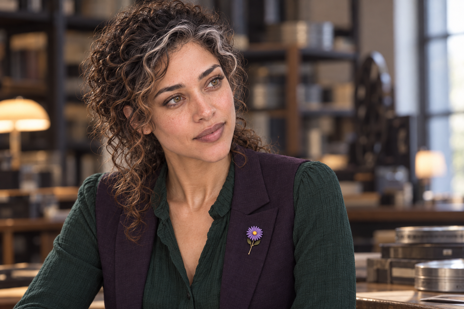 Aster Averi listening closely in a film archive