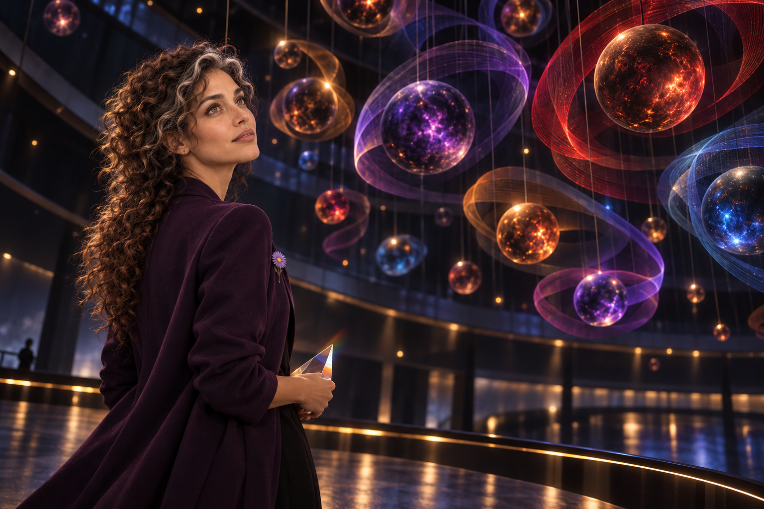 Imagined scene of Aster Averi beneath glowing spheres and spectral ribbons in a dark gallery