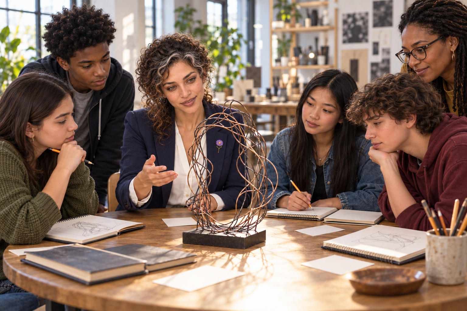 An imaginative editorial scene of Aster Averi and students examining an abstract wire sculpture together