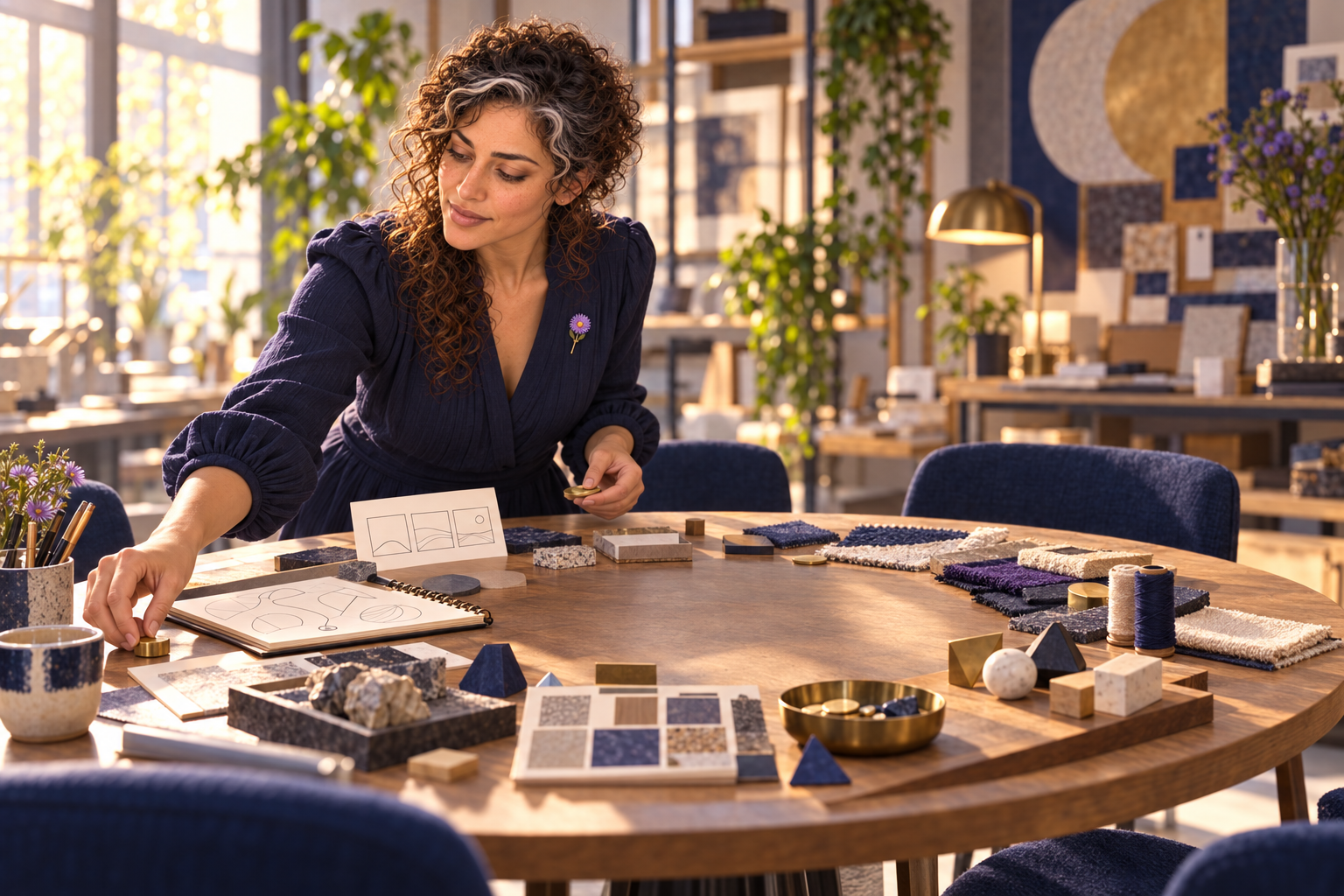 Visual imagining of Aster Averi arranging many text-free creative roles around an open collaboration table