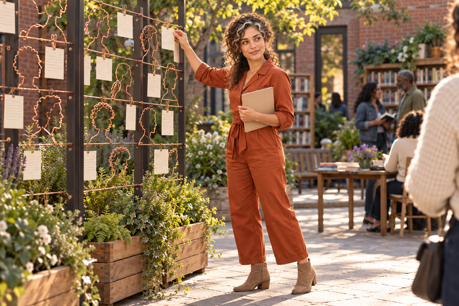 An imaginative editorial scene of Aster Averi standing in a library courtyard and adding a story card to a copper-wire portrait display