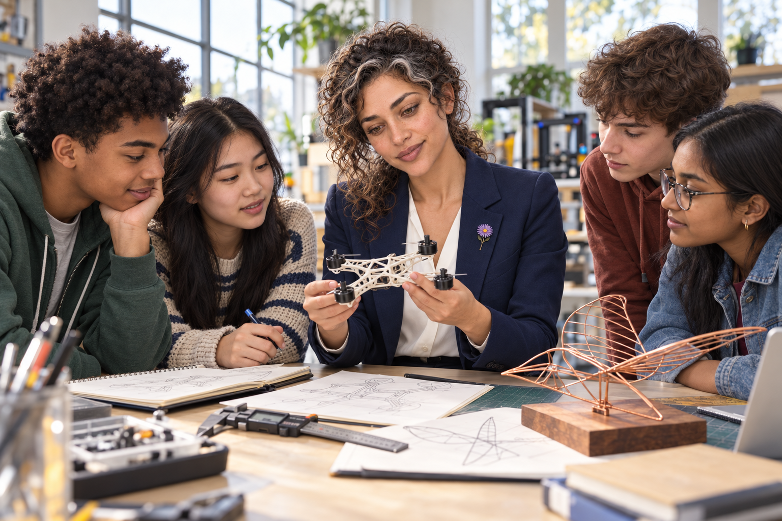 An imaginative editorial scene of Aster Averi and students examining a 3D-printed drone frame beside an abstract wire sculpture