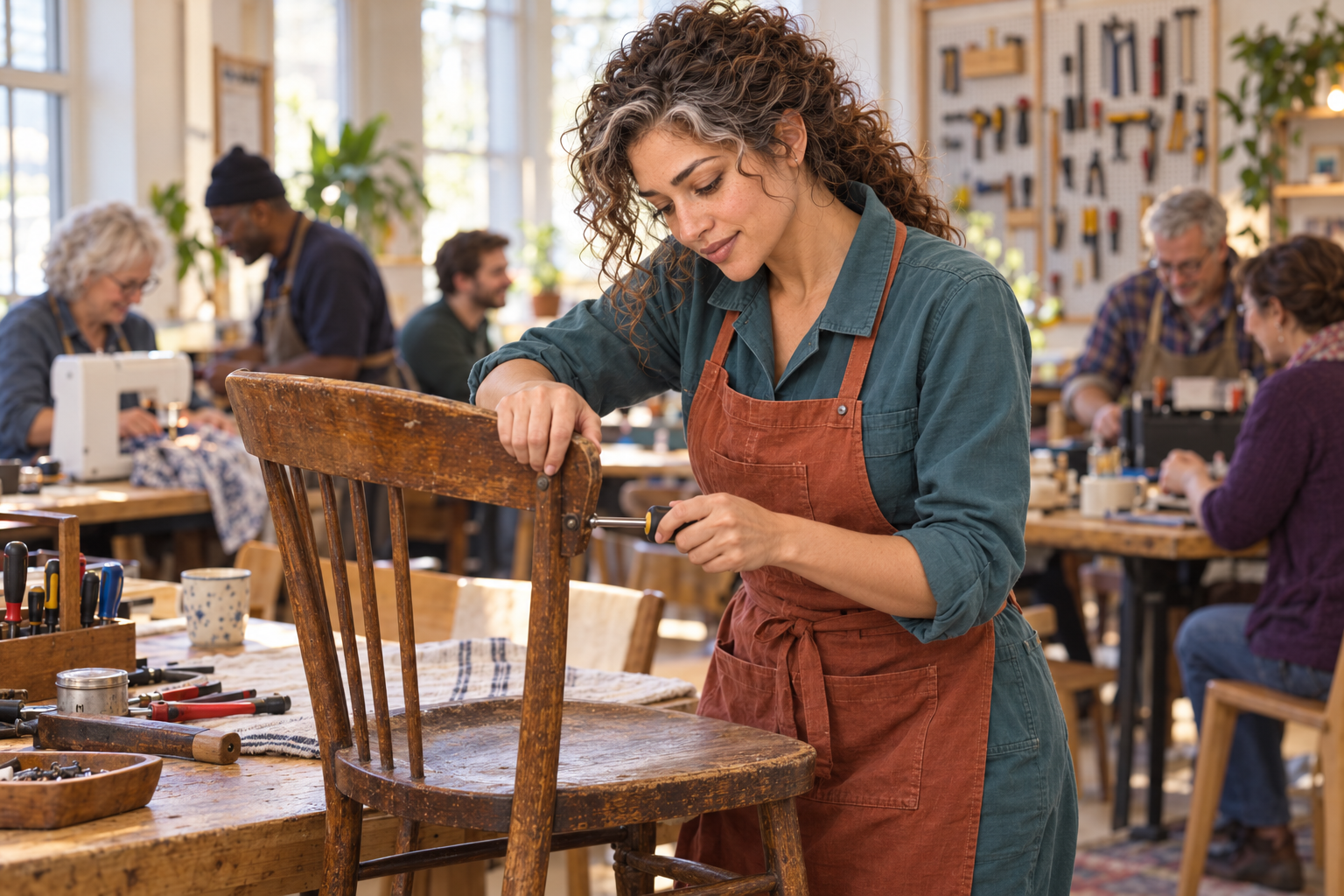 An imaginative editorial scene of Aster Averi repairing a wooden chair at a community repair café