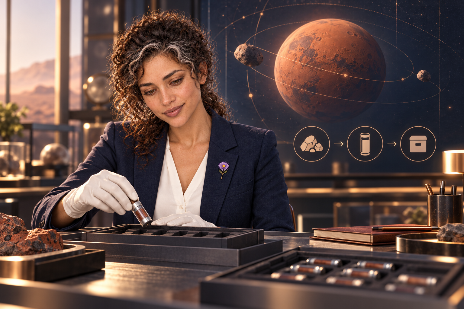 Imaginative scene of Aster Averi placing a generic sample capsule into an archival tray beneath an abstract Mars-orbit diagram