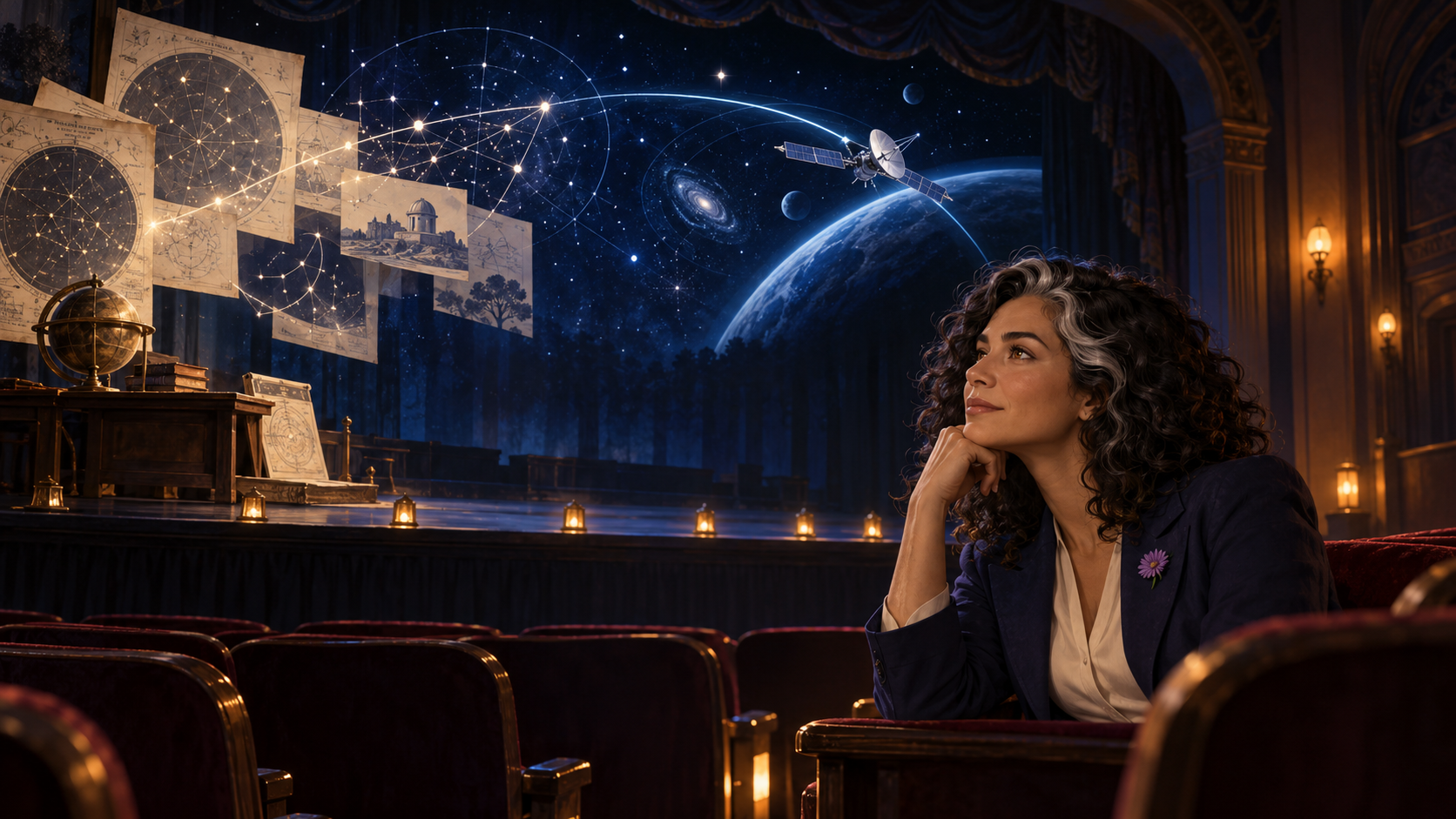 A visual imagining of Aster Averi in a theatre where historical star charts lead toward modern space exploration