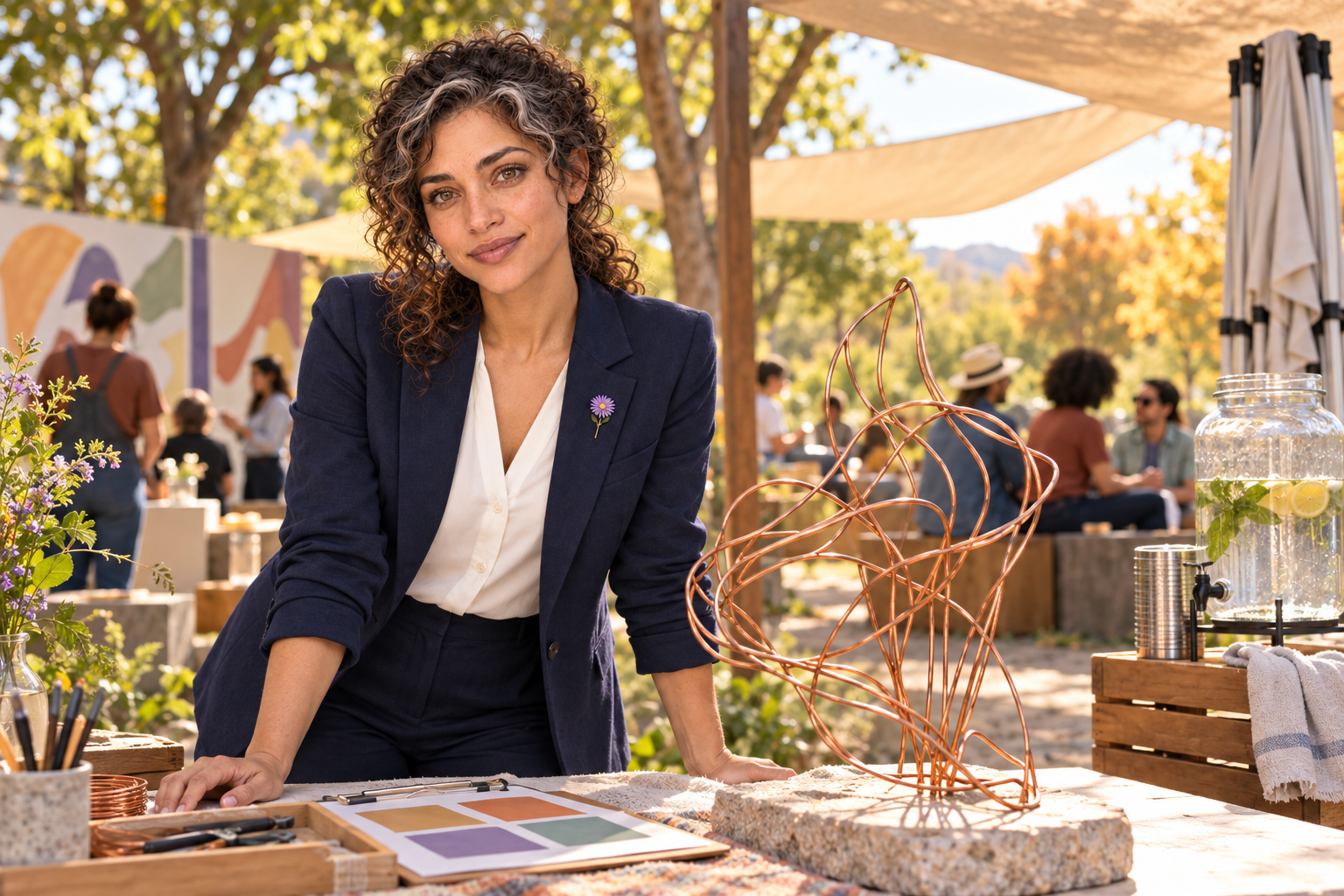 An imaginative editorial scene of Aster Averi beside a copper-wire sculpture at a shaded outdoor community art gathering
