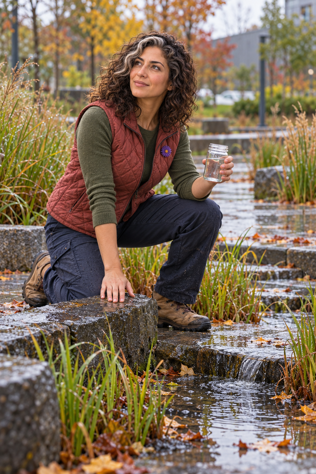 Imaginative scene of Aster Averi kneeling beside a rain garden after rainfall and holding an unmarked jar of water