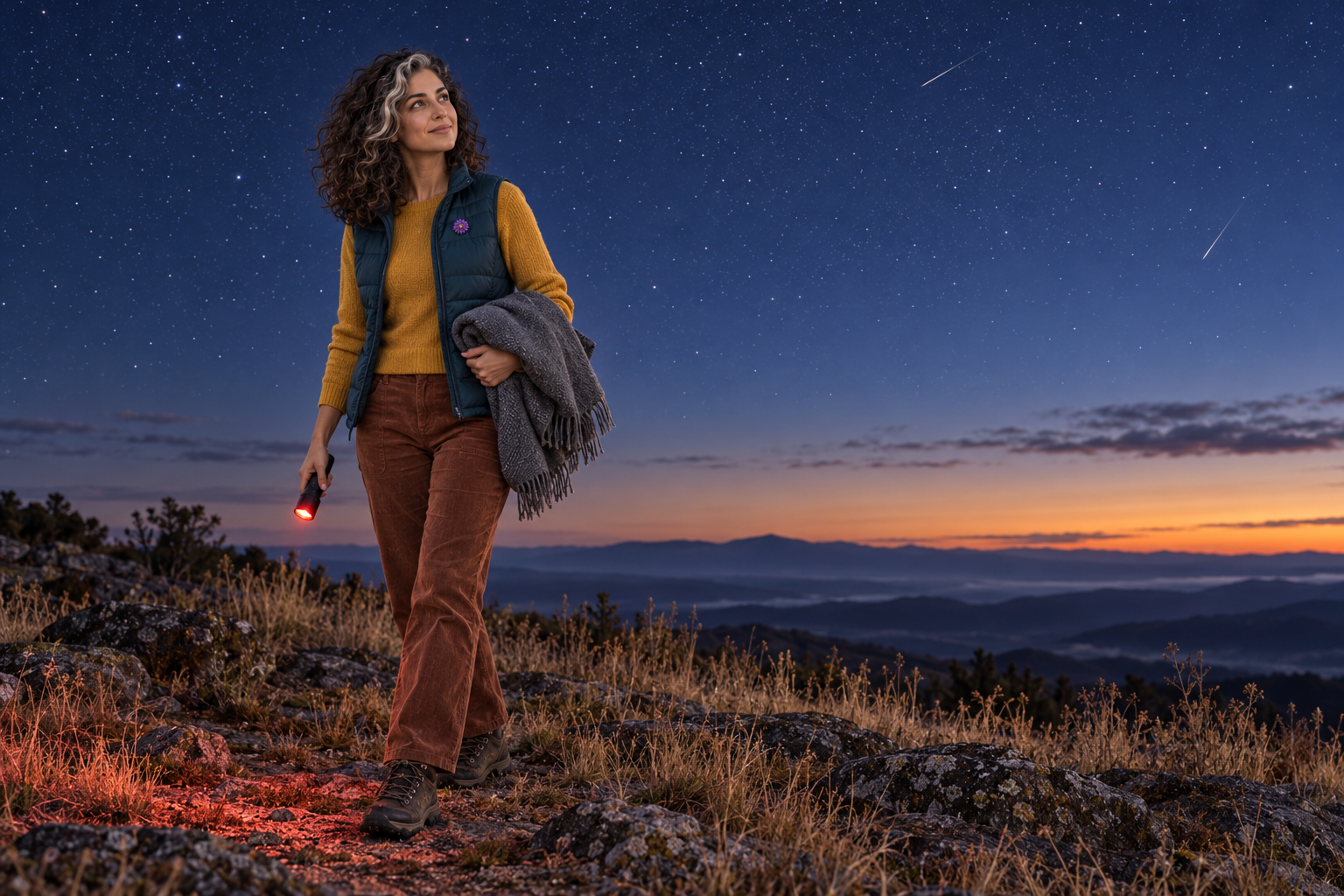 Imaginative scene of Aster Averi standing on a hilltop before dawn with a red-light flashlight and folded blanket, looking toward two faint meteor streaks