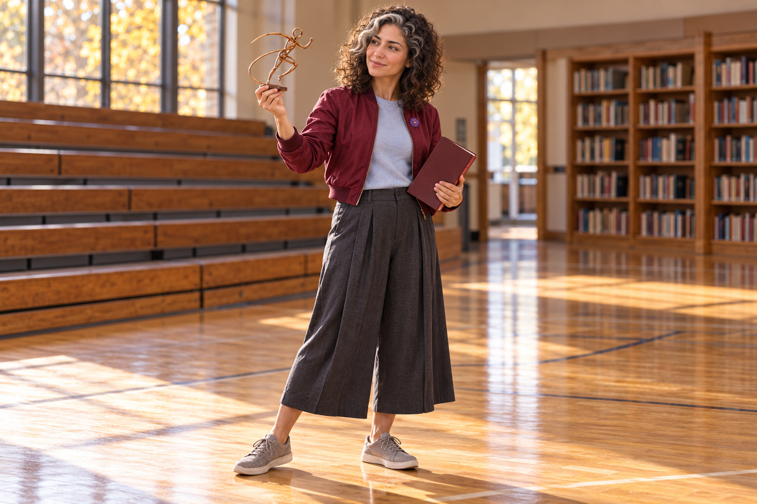 Imaginative scene of Aster Averi in a community gym and library annex, holding a blank book and an abstract copper-wire motion sculpture