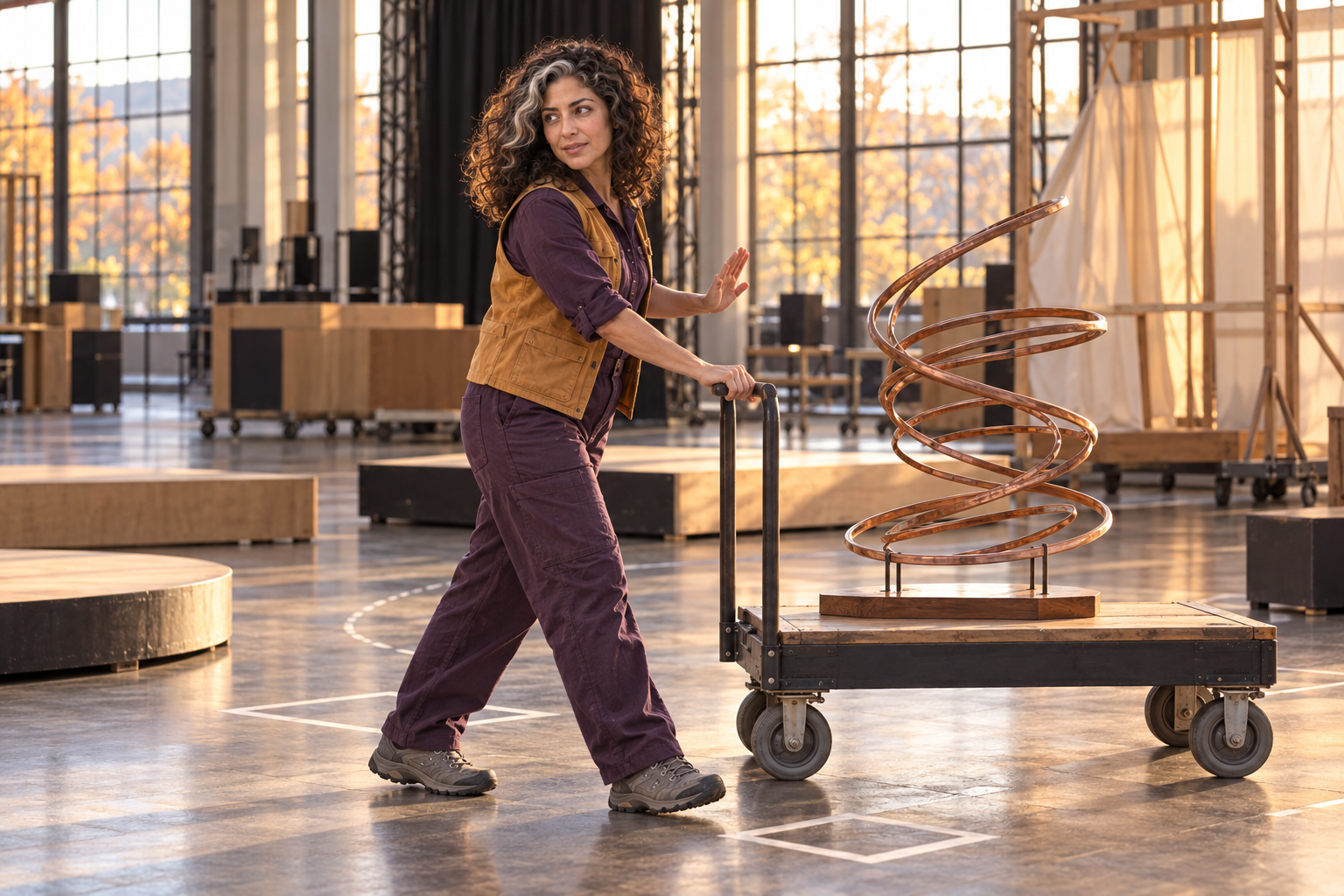 Imaginative scene of Aster Averi guiding an abstract copper-wire sculpture through a whole-sequence rehearsal in an arts loading hall