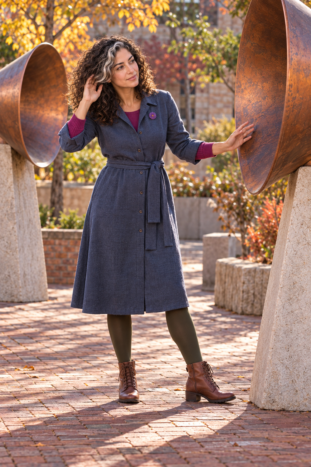 Imaginative scene of Aster Averi comparing two abstract acoustic listening cones in an autumn arts courtyard