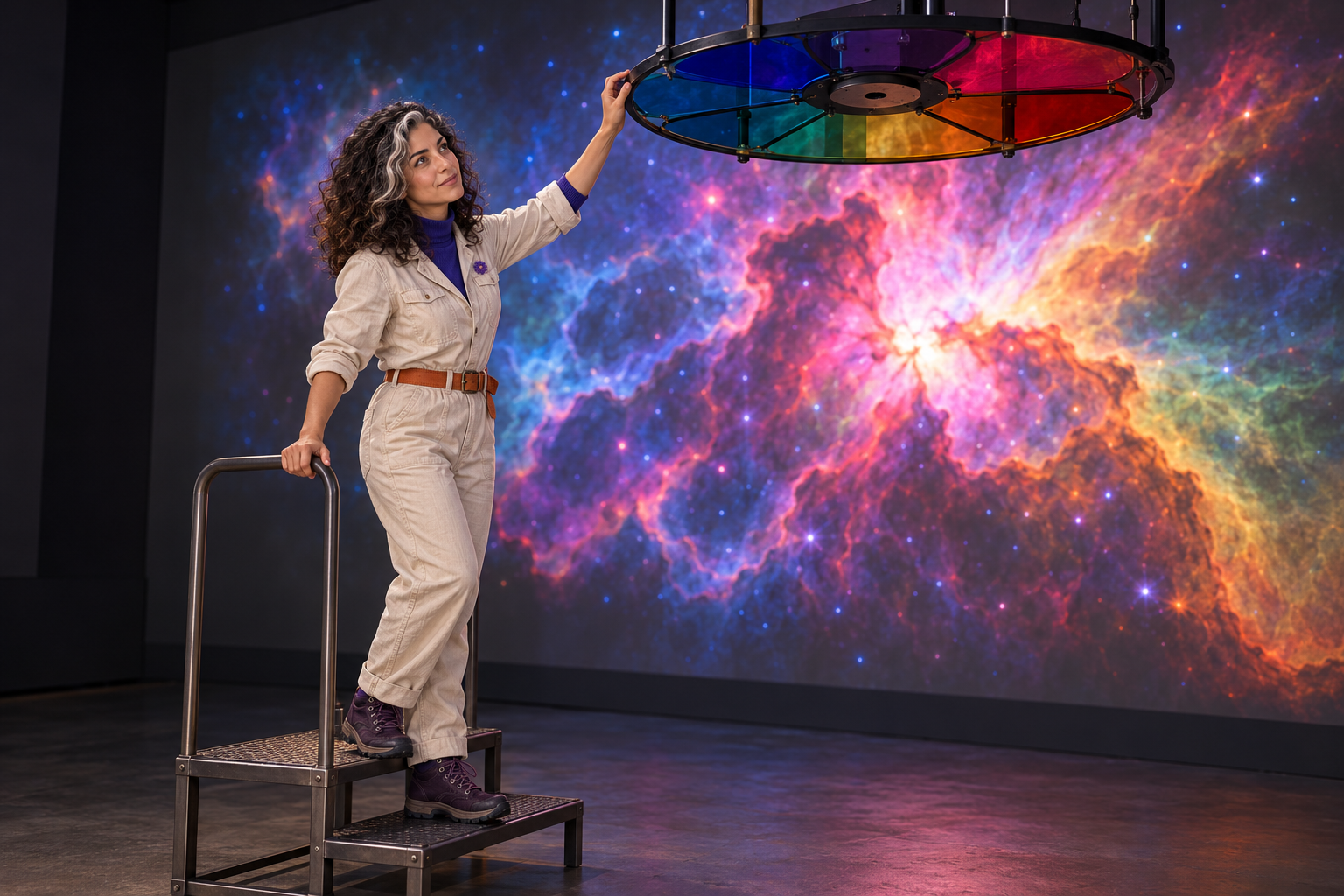 Imaginative scene of Aster Averi adjusting a suspended color filter in a dark image-interpretation studio