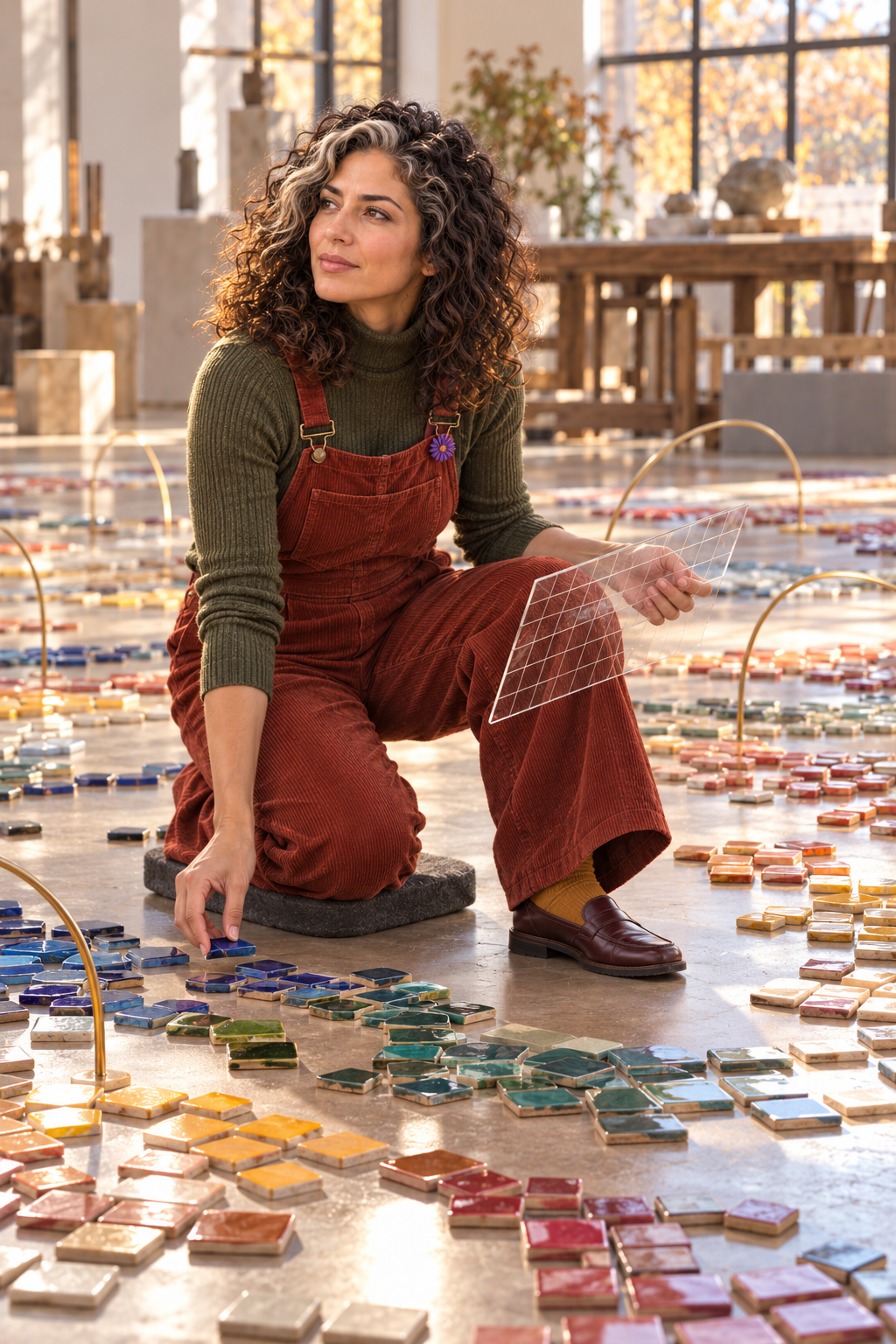 Imaginative scene of Aster Averi kneeling beside clusters of blank ceramic tiles while holding an unmarked grid in a sunlit studio