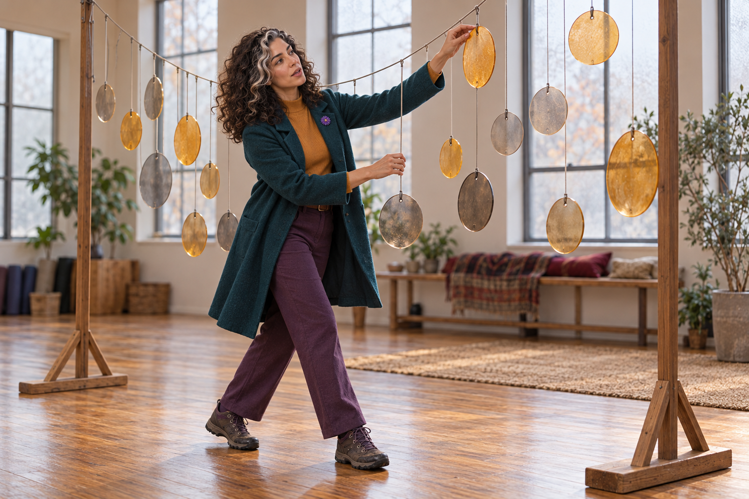 Imaginative scene of Aster Averi adjusting blank amber and smoke-grey discs suspended in an arc in a bright rehearsal room