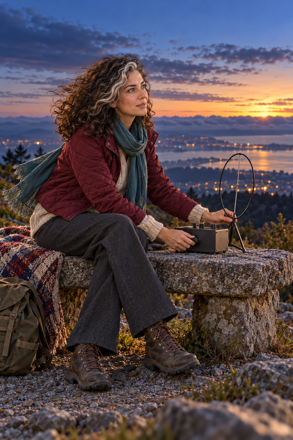 Imaginative scene of Aster Averi adjusting a plain radio receiver and loop antenna on a fictional hilltop at dawn
